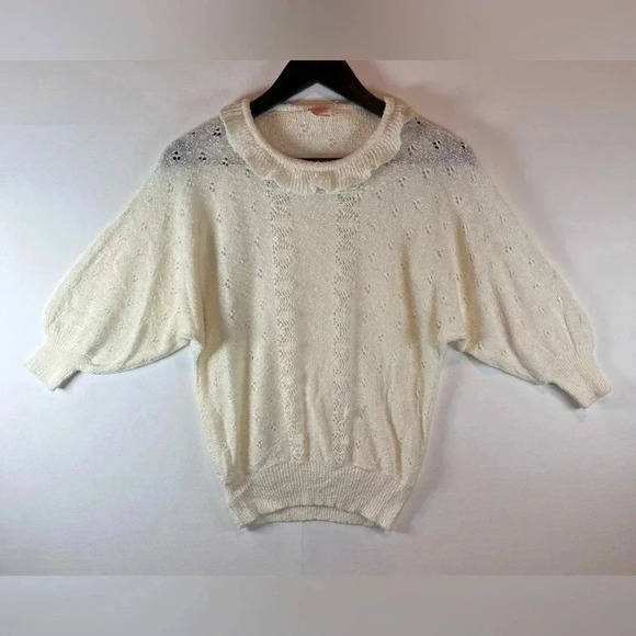 VTG pointelle knit ivory sweater size S-M (see measurements) ruffle neck romance - Picture 1 of 8